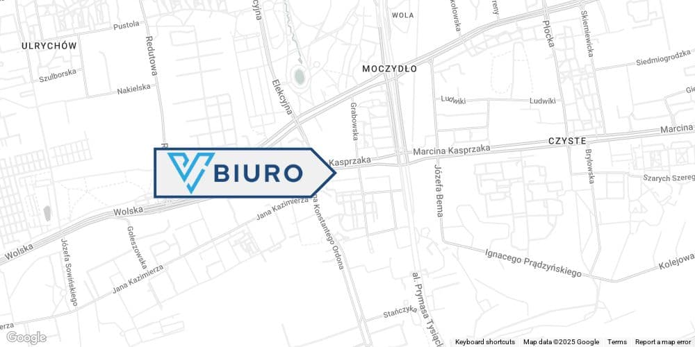 Mapa dzielnicy Wola w Warszawie z zaznaczoną lokalizacją wirtualnego biura przy ul. Marcina Kasprzaka